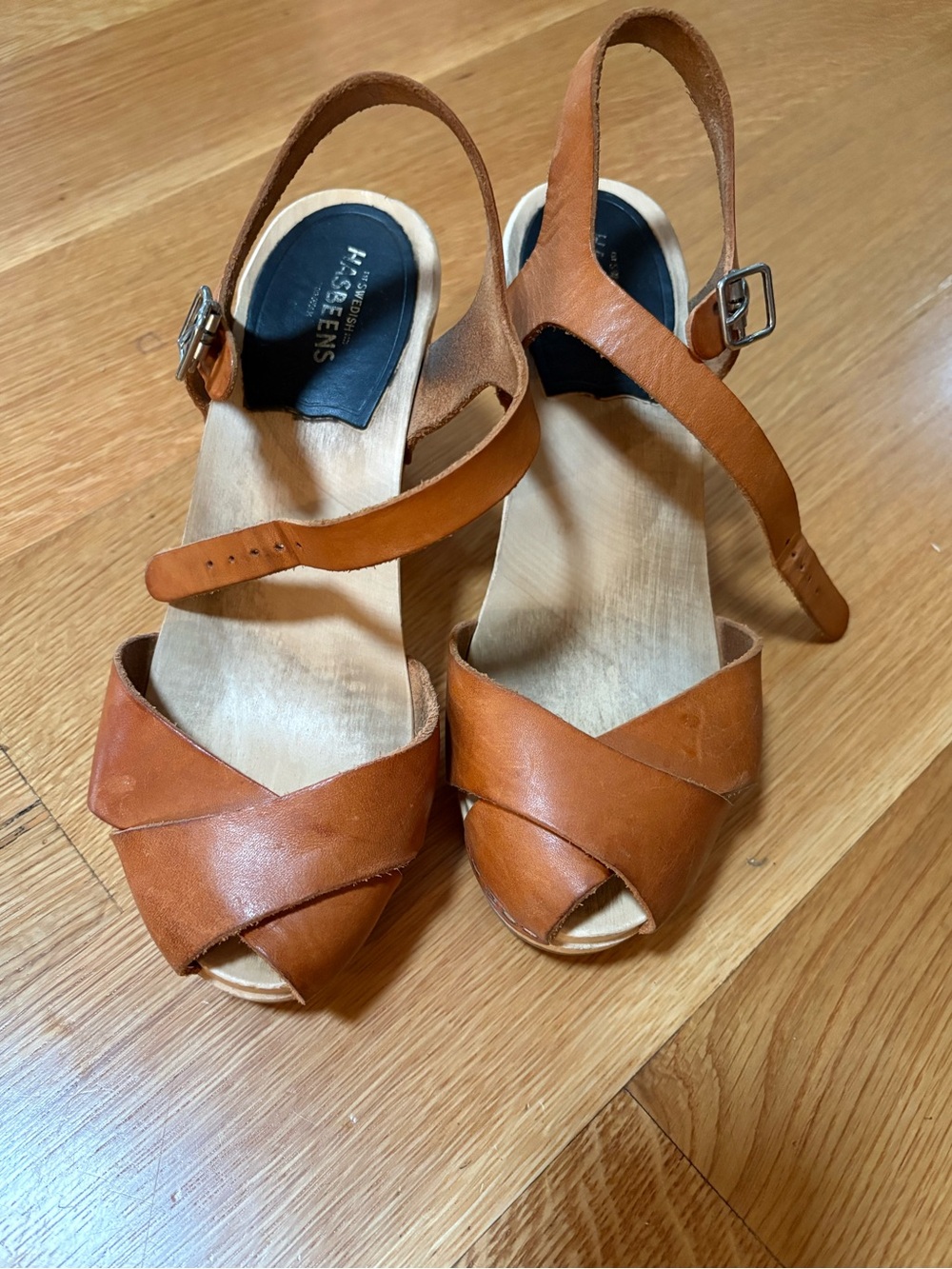 Swedish Hasbeens clogs. Tan Leather Slingback Sandals - Women's Peep Toe